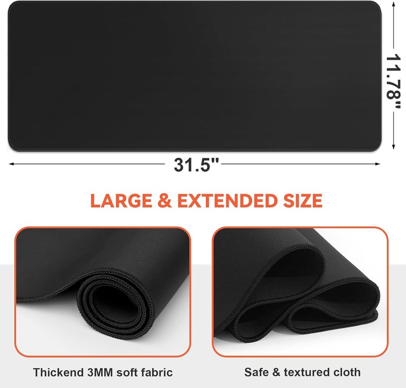 DIGSOM Black Mouse Pad Gaming Keyboard Pad 31.5 x 11.8 in Large Computer Mouse Pad with Anti-Slip Rubber Base and Stitched Edges, Extended Mouse Mat for Gaming Working - Image 2